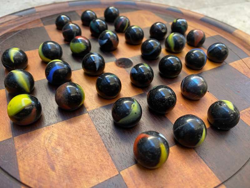 Vintage solitaire marbles  marble game checked thick wood