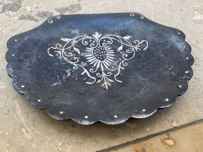 Antique vintage silver ring footed dish Indian Bidri art work inlaid silver on pewter
