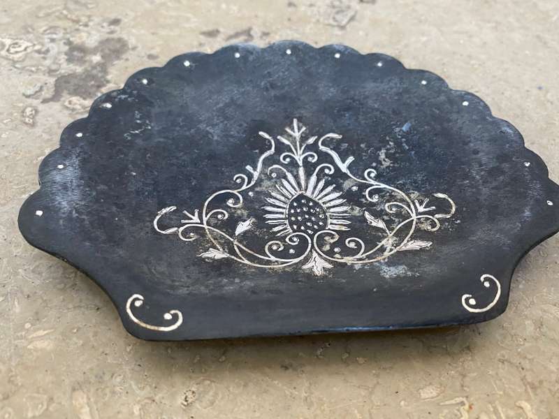 Antique vintage silver ring footed dish Indian Bidri art work inlaid silver on pewter