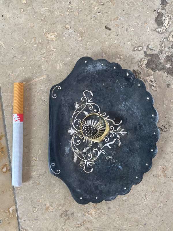 Antique vintage silver ring footed dish Indian Bidri art work inlaid silver on pewter