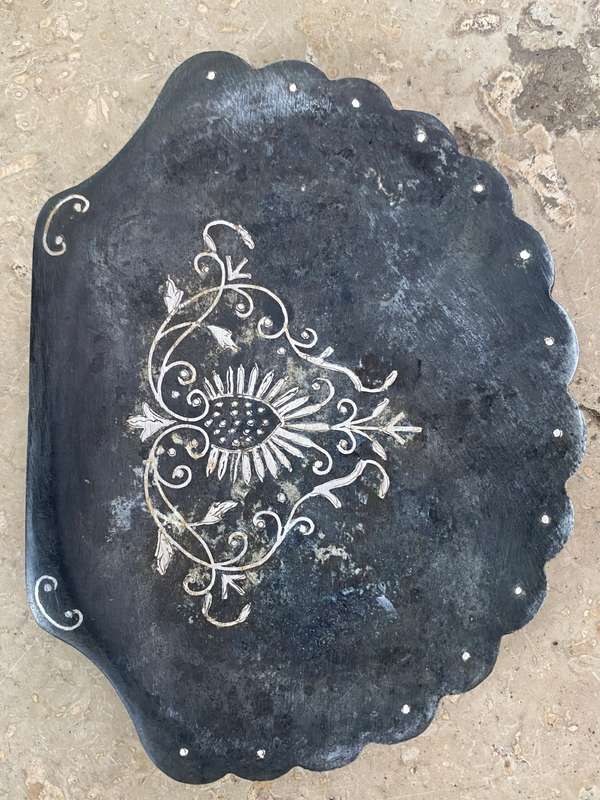 Antique vintage silver ring footed dish Indian Bidri art work inlaid silver on pewter
