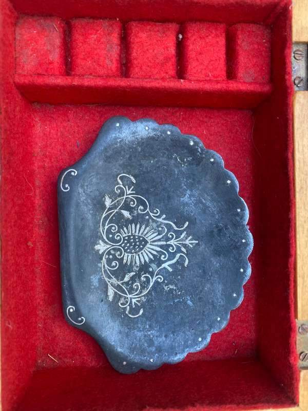 Antique vintage silver ring footed dish Indian Bidri art work inlaid silver on pewter