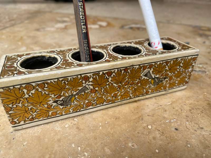 Vintage wooden trinket holder hand-painted gold leaf detail with bird