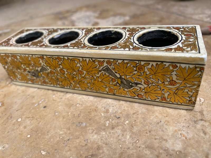 Vintage wooden trinket holder hand-painted gold leaf detail with bird