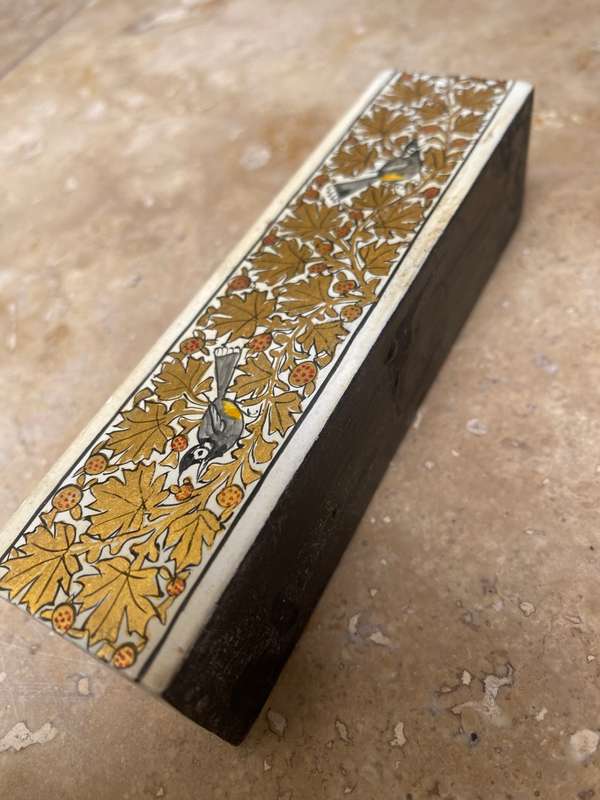 Vintage wooden trinket holder hand-painted gold leaf detail with bird