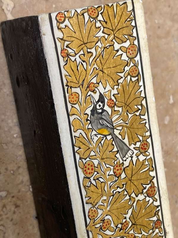 Vintage wooden trinket holder hand-painted gold leaf detail with bird