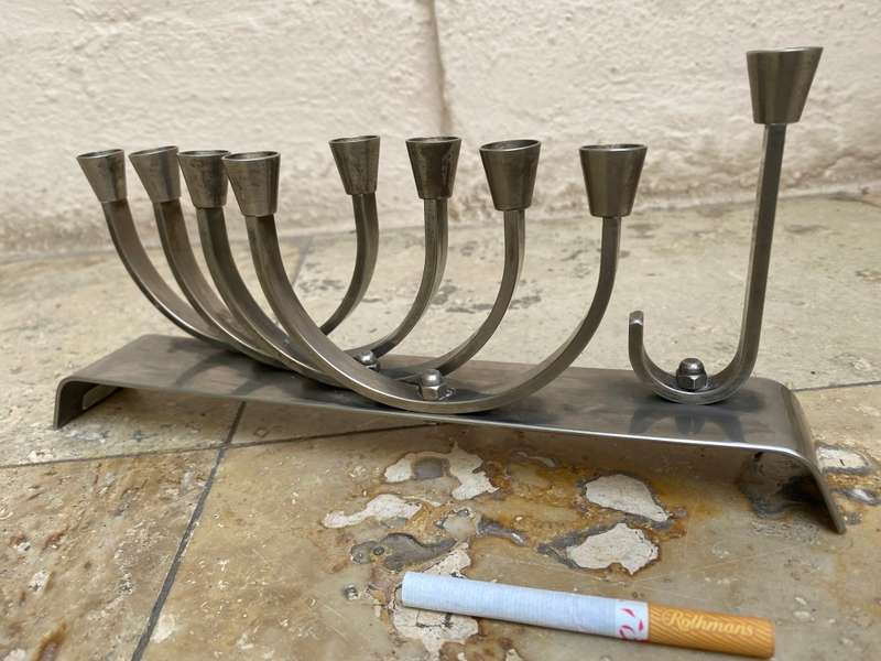 Vintage Chanukah Menorah non magnetic silver plate steel Israel 9 branch