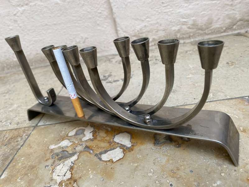 Vintage Chanukah Menorah non magnetic silver plate steel Israel 9 branch