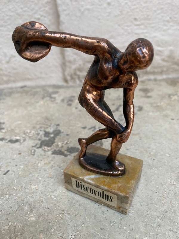 vintage Discovulus copper figure olympics disc throw on marble base Greece