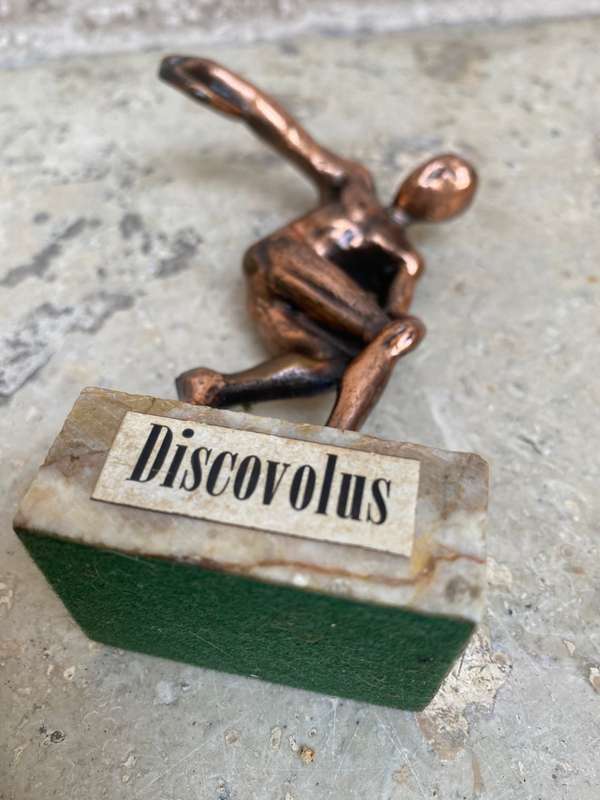 vintage Discovulus copper figure olympics disc throw on marble base Greece