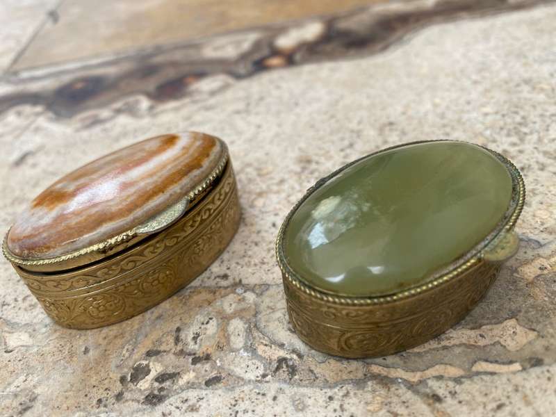 vintage oval stone Gold tone Trinket box lot of three one square