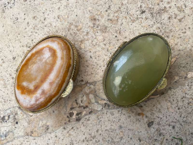 vintage oval stone Gold tone Trinket box lot of three one square