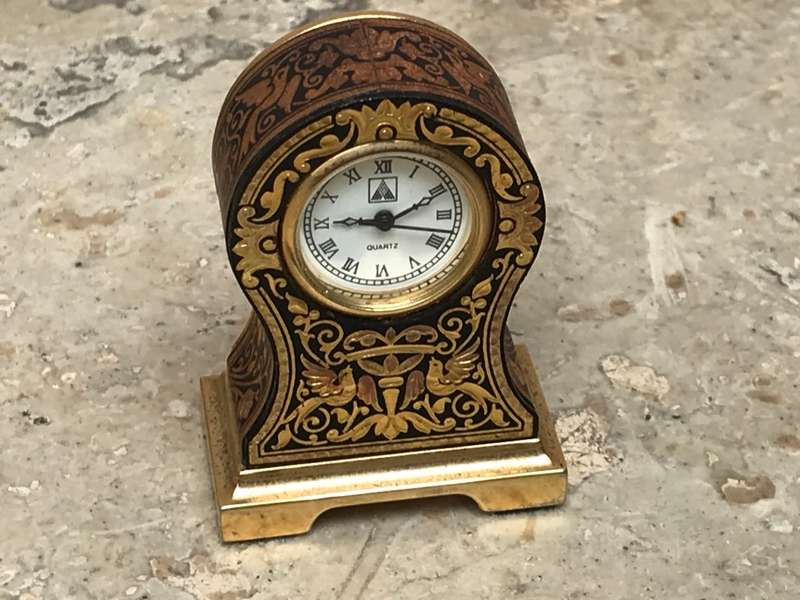 Vintage Anframa Damasquinados Miniature mantle  Clock 24k Gold Toledo Needs Battery