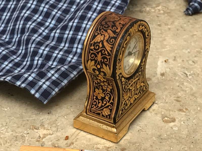 Vintage Anframa Damasquinados Miniature mantle  Clock 24k Gold Toledo Needs Battery