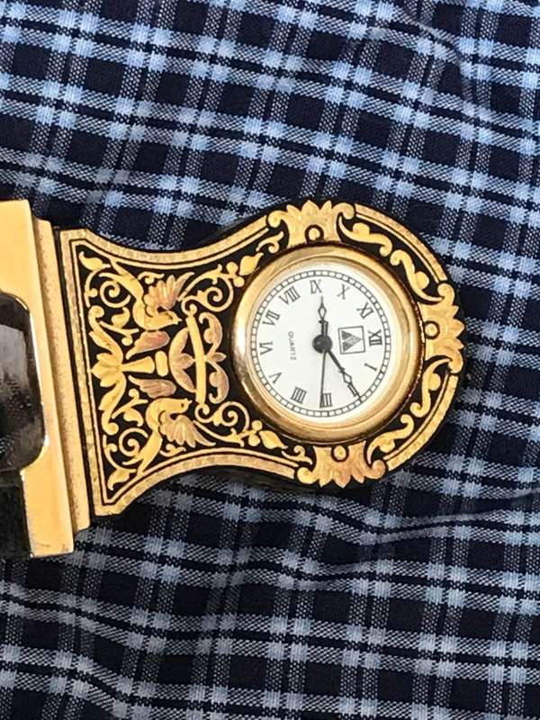Vintage Anframa Damasquinados Miniature mantle  Clock 24k Gold Toledo Needs Battery