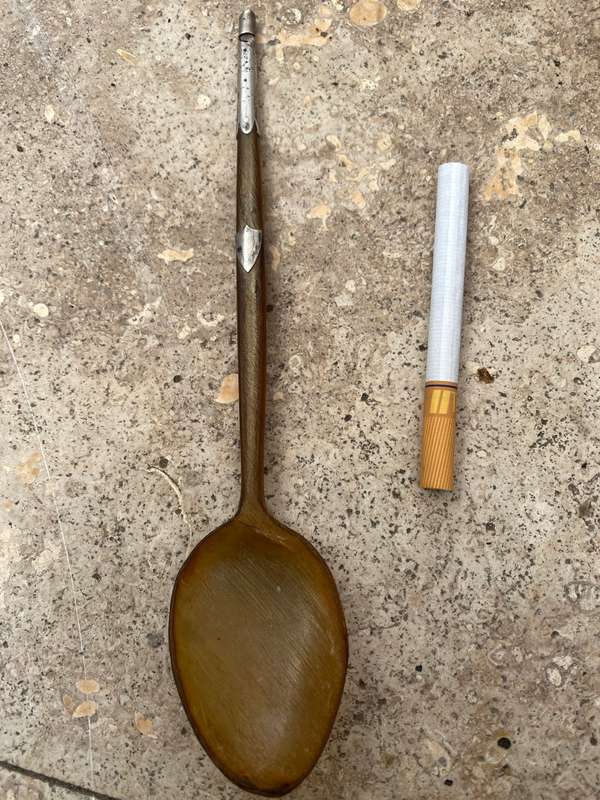 Antique cow horn whistle spoon with Sterling silver detail , tlc
