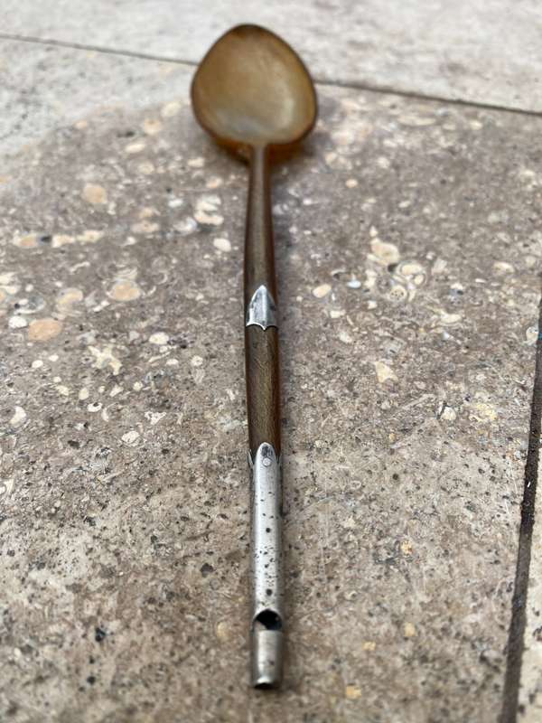 Antique cow horn whistle spoon with Sterling silver detail , tlc
