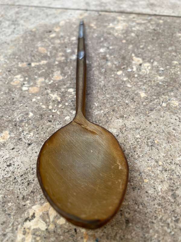 Antique cow horn whistle spoon with Sterling silver detail , tlc