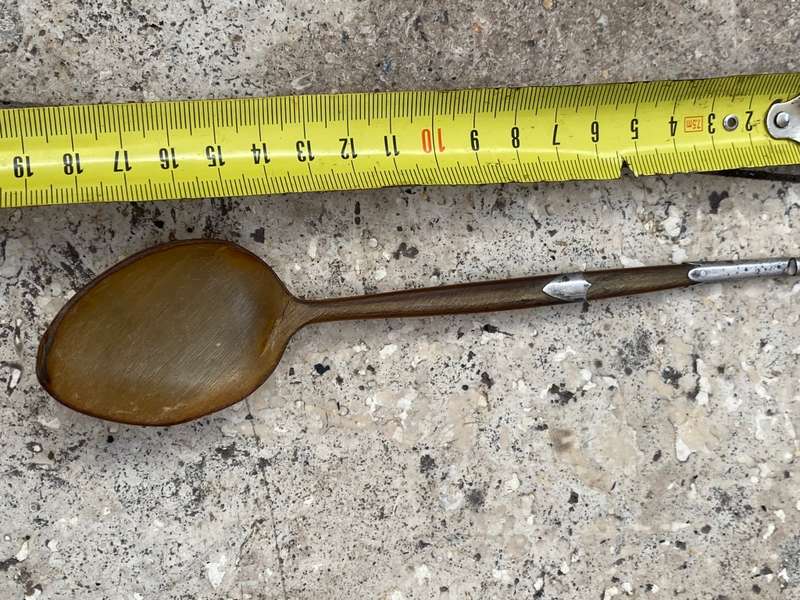Antique cow horn whistle spoon with Sterling silver detail , tlc