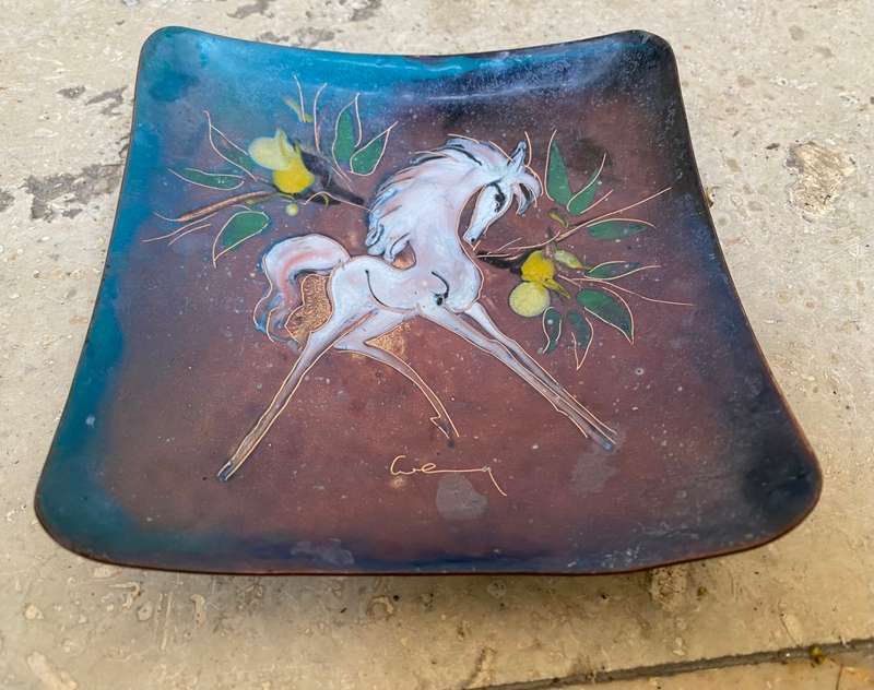 Vintage enamel on copper art trinket tray white Stallion horse signed