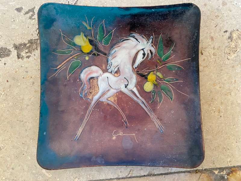 Vintage enamel on copper art trinket tray white Stallion horse signed