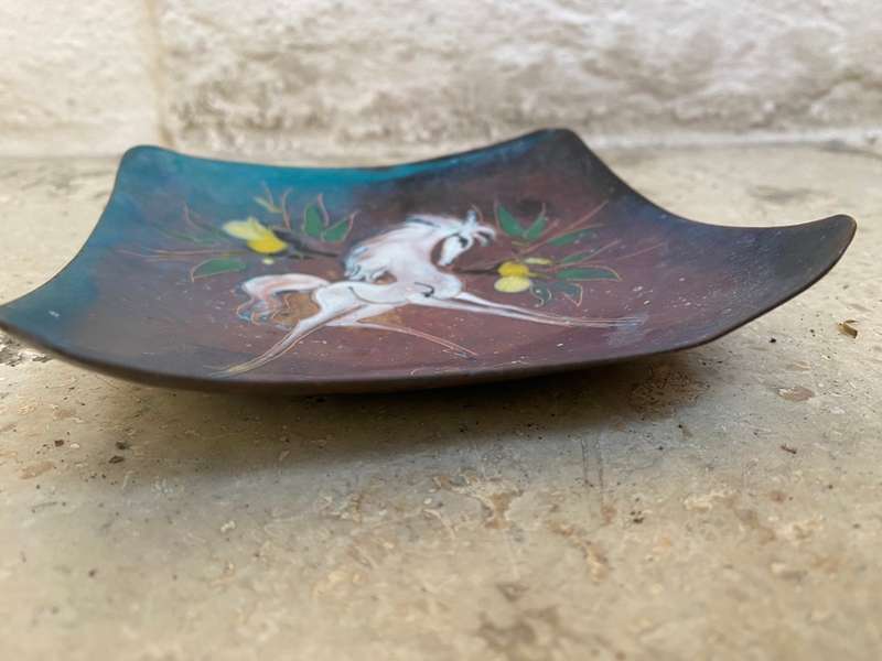 Vintage enamel on copper art trinket tray white Stallion horse signed