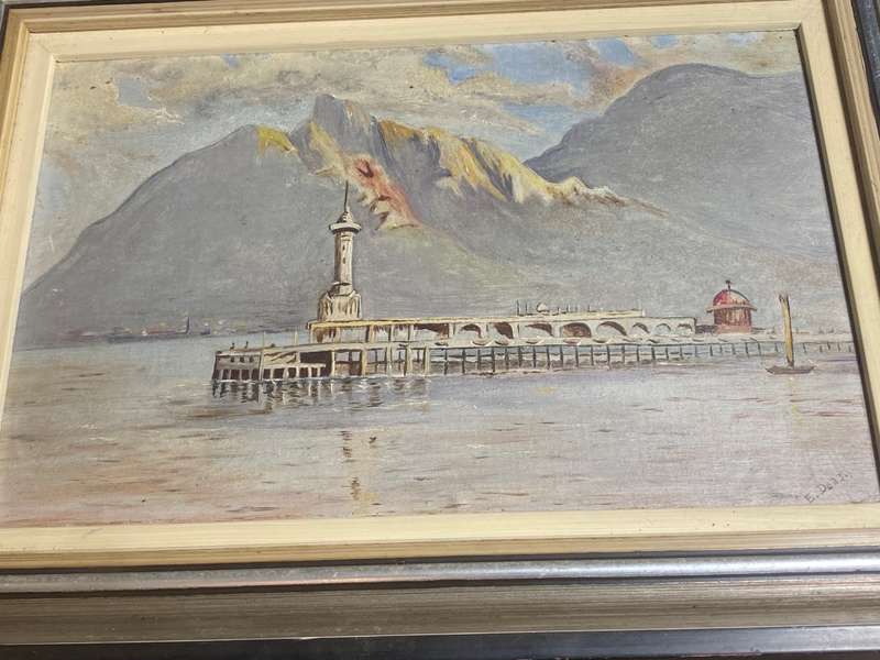 Vintage art work pier Devils Peak and Muizenberg painting pair signed
