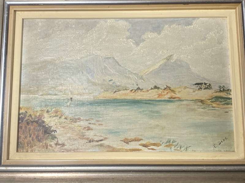 Vintage art work pier Devils Peak and Muizenberg painting pair signed