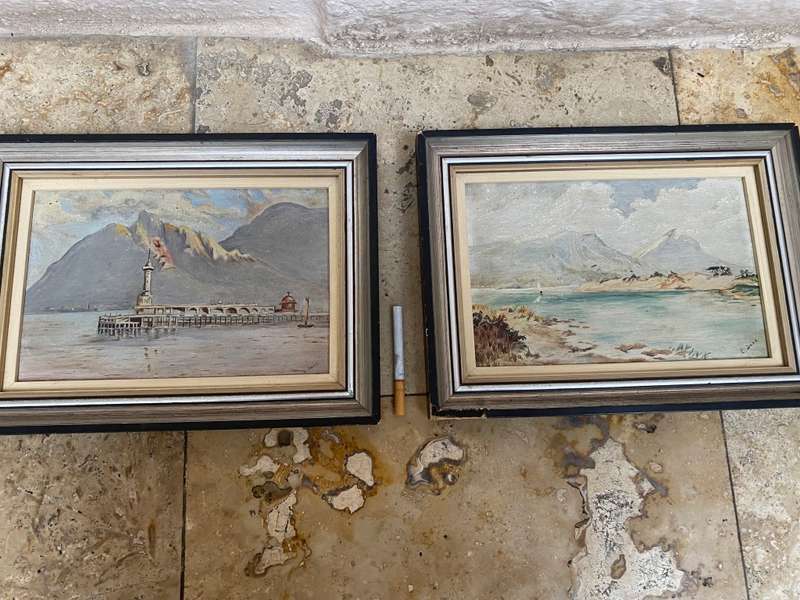 Vintage art work pier Devils Peak and Muizenberg painting pair signed