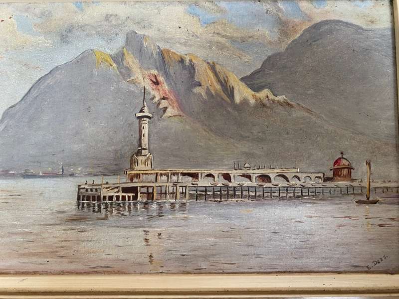 Vintage art work pier Devils Peak and Muizenberg painting pair signed