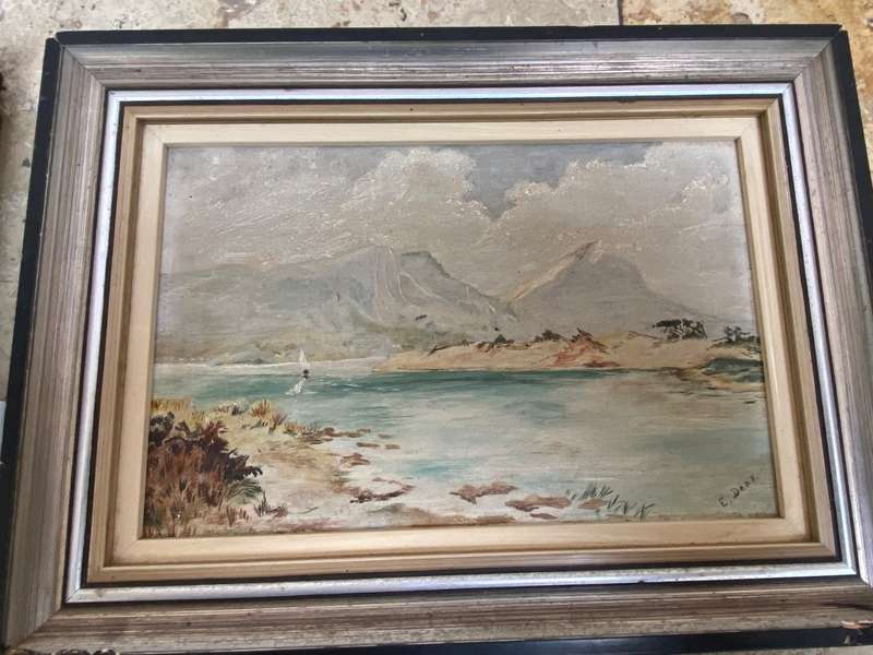 Vintage art work pier Devils Peak and Muizenberg painting pair signed