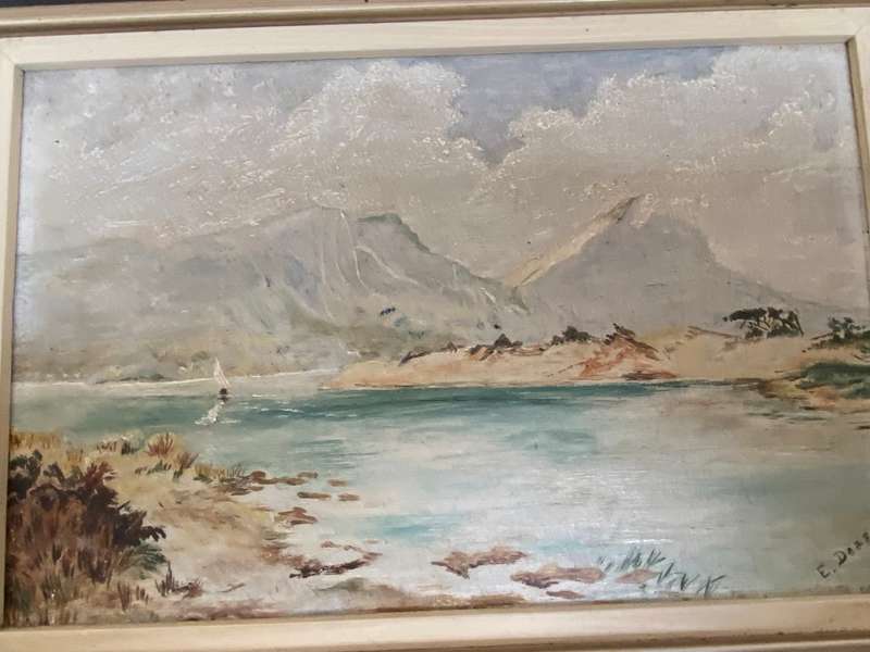 Vintage art work pier Devils Peak and Muizenberg painting pair signed