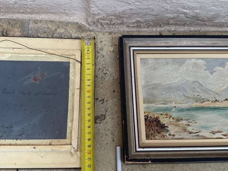 Vintage art work pier Devils Peak and Muizenberg painting pair signed