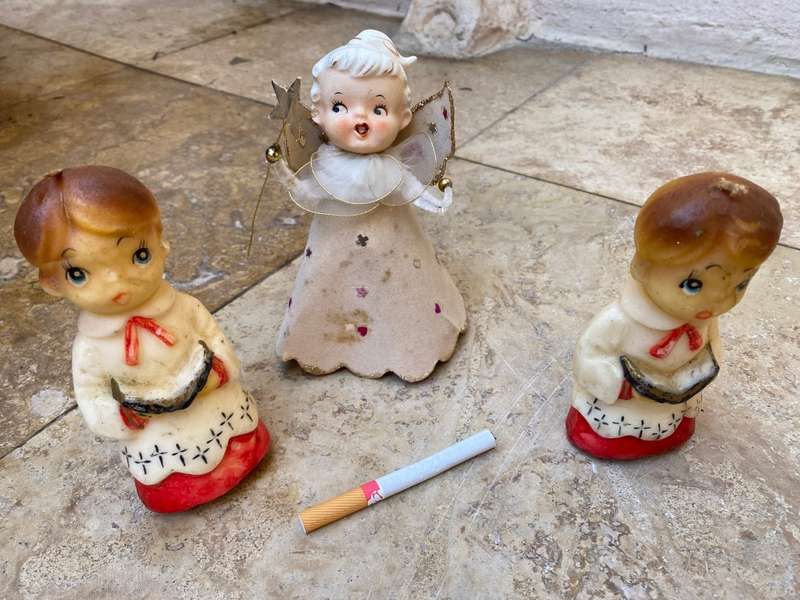 Vintage children praying candle pair  with fairy Christmas decoration bunch