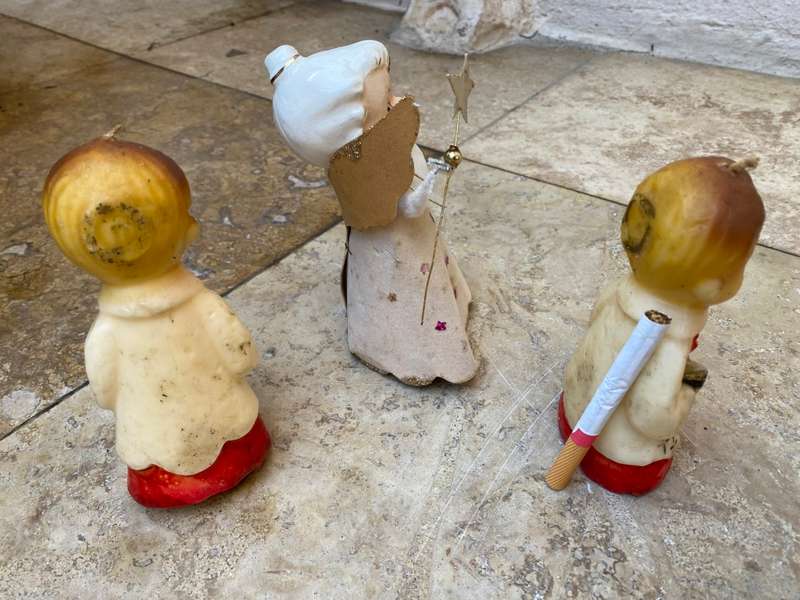 Vintage children praying candle pair  with fairy Christmas decoration bunch