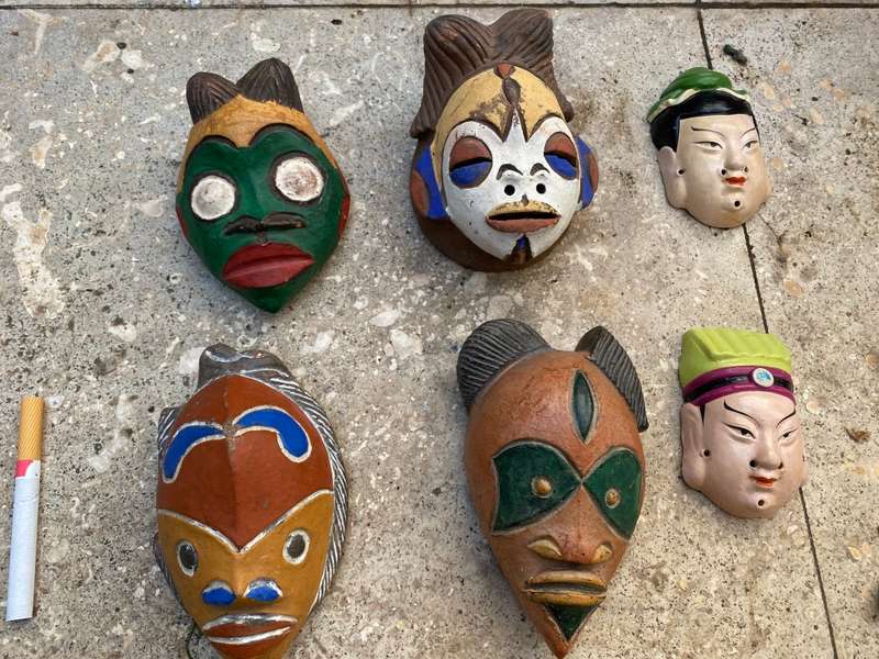 Vintage tribal wall hanging  and Asian clay small mask lot of 7
