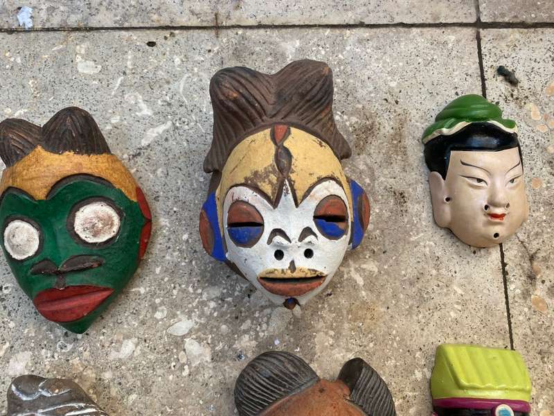 Vintage tribal wall hanging  and Asian clay small mask lot of 7