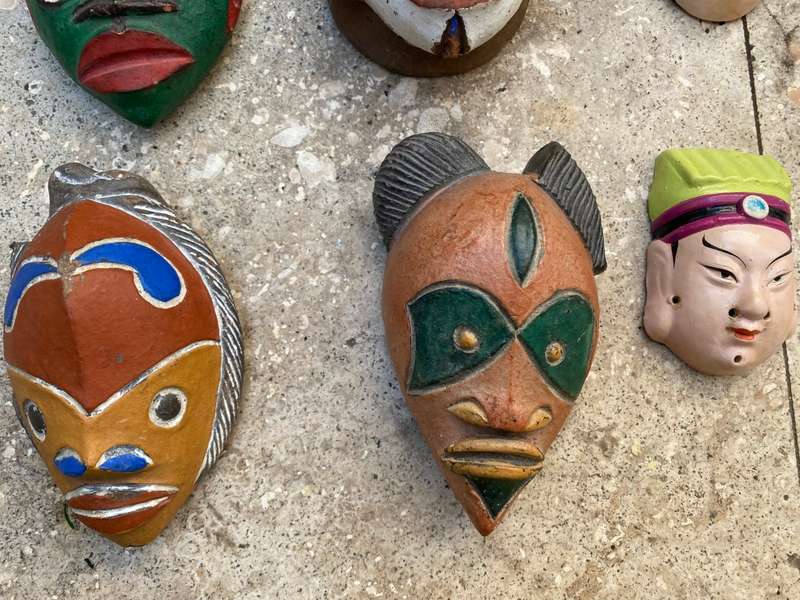 Vintage tribal wall hanging  and Asian clay small mask lot of 7