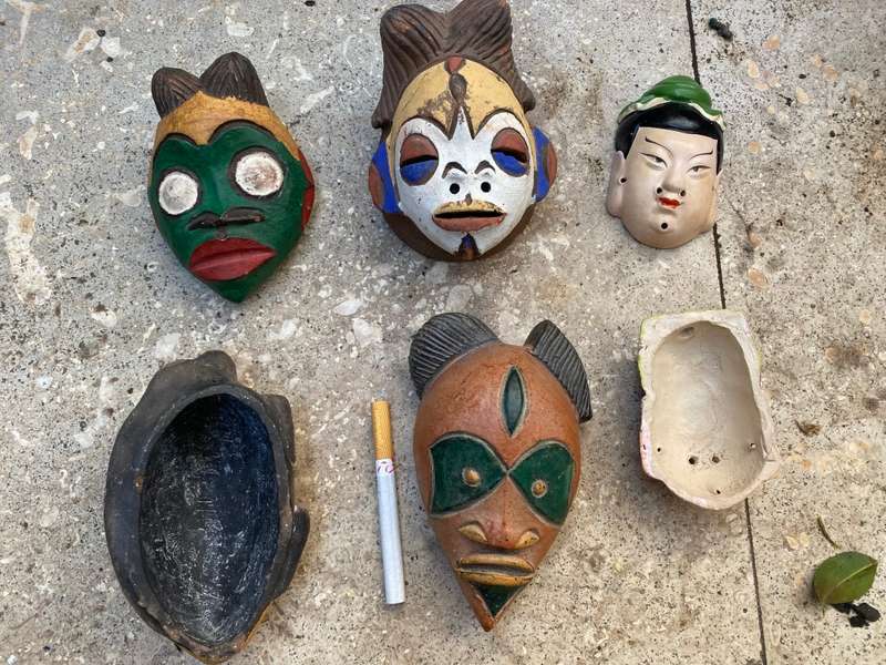 Vintage tribal wall hanging  and Asian clay small mask lot of 7