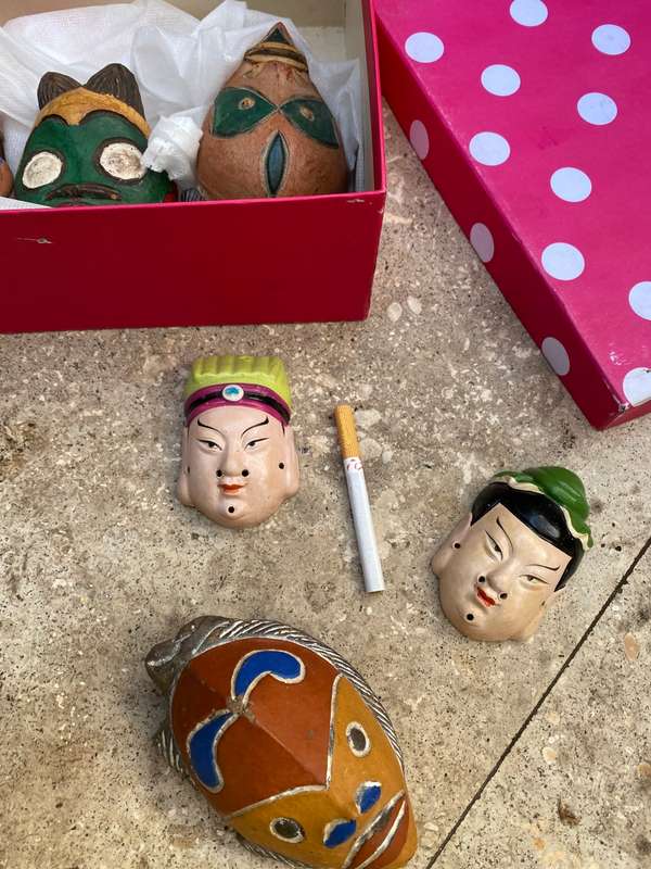 Vintage tribal wall hanging  and Asian clay small mask lot of 7