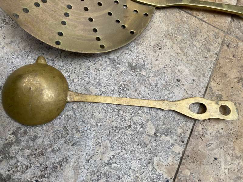 Vintage large Brass Strainer skimmer ladle Spoon and brass gravy ladle pair