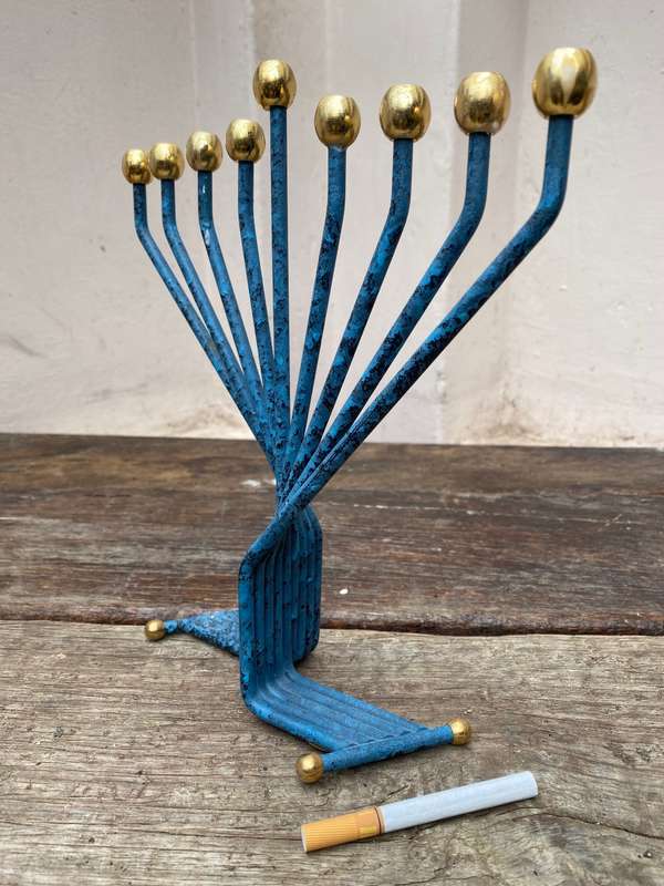 Vintage Karshi Menorah non magnetic gold plate steel Israel 9 branch