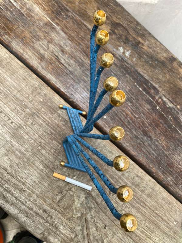Vintage Karshi Menorah non magnetic gold plate steel Israel 9 branch