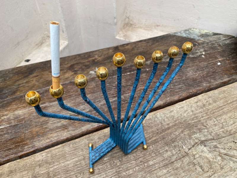Vintage Karshi Menorah non magnetic gold plate steel Israel 9 branch