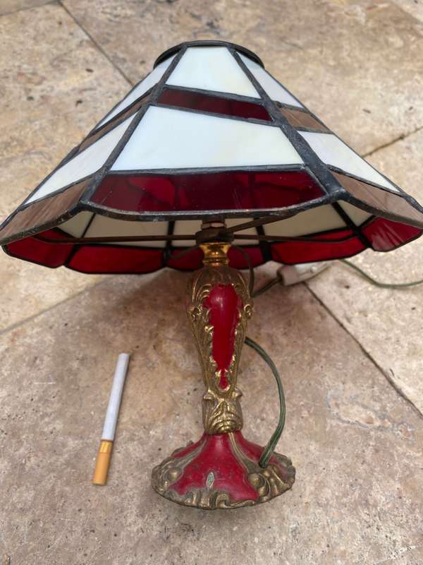 Vintage small Tiffany lamp style stained glass brass enamelled base