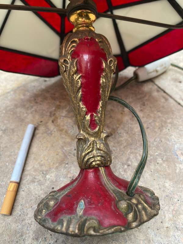 Vintage small Tiffany lamp style stained glass brass enamelled base