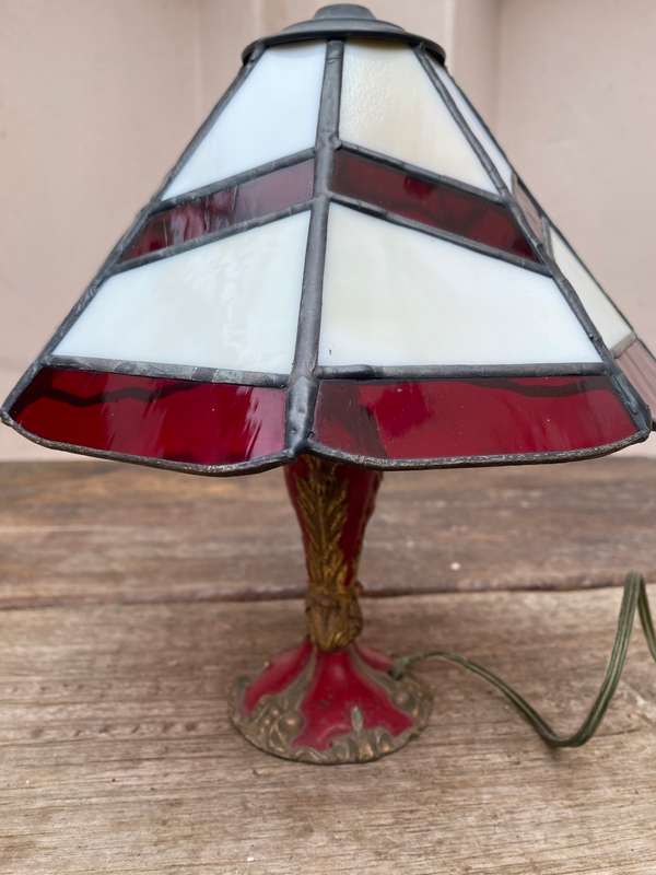 Vintage small Tiffany lamp style stained glass brass enamelled base