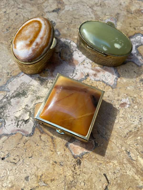 vintage oval stone Gold tone Trinket box lot of three one square