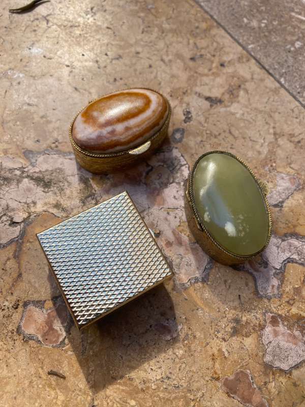 vintage oval stone Gold tone Trinket box lot of three one square