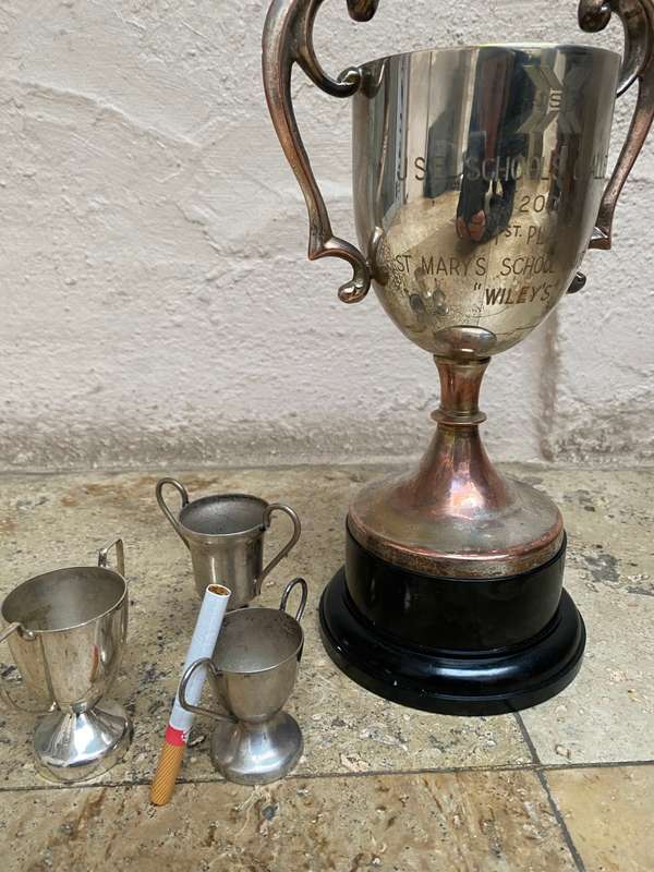 Vintage trophy large with 3 small blank trophies